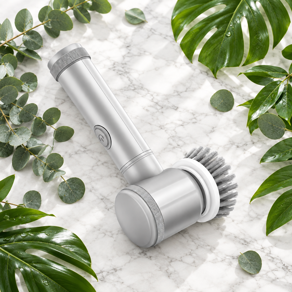 Cordless electric spin scrubber laying flat on white marble with green eucalyptus leaves
